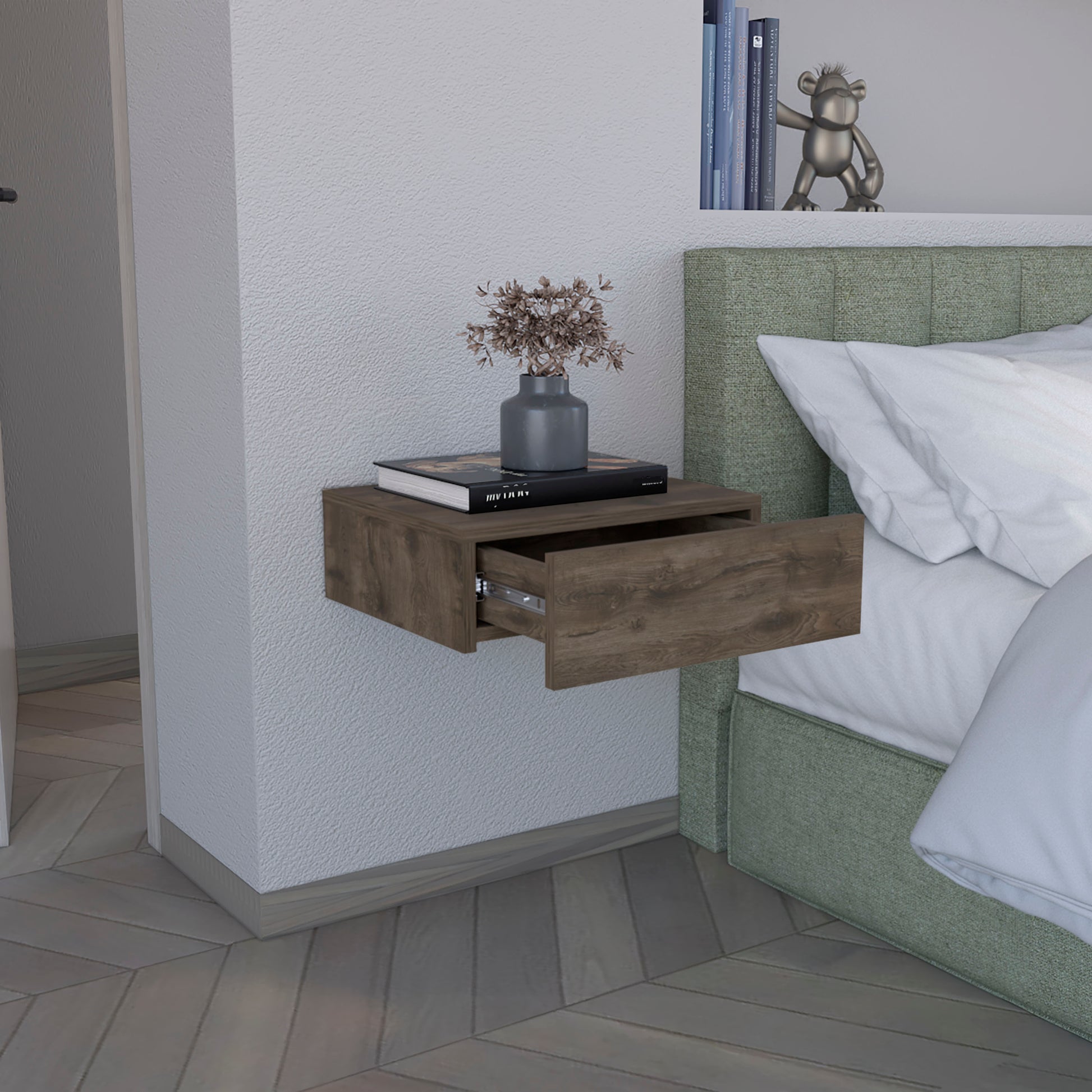 Dark Brown Pine Wall Mounted Nightstand with Drawer for Bedroom