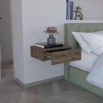Dark Brown Pine Wall Mounted Nightstand with Drawer for Bedroom