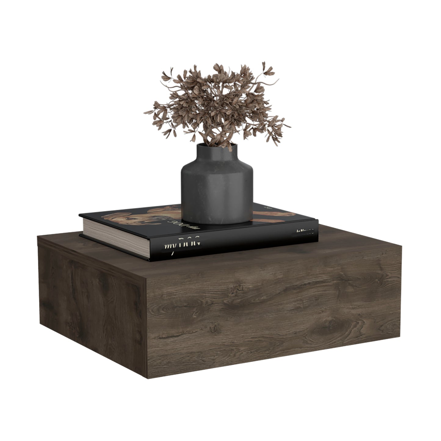 Dark Brown Pine Wall Mounted Nightstand with Drawer for Bedroom
