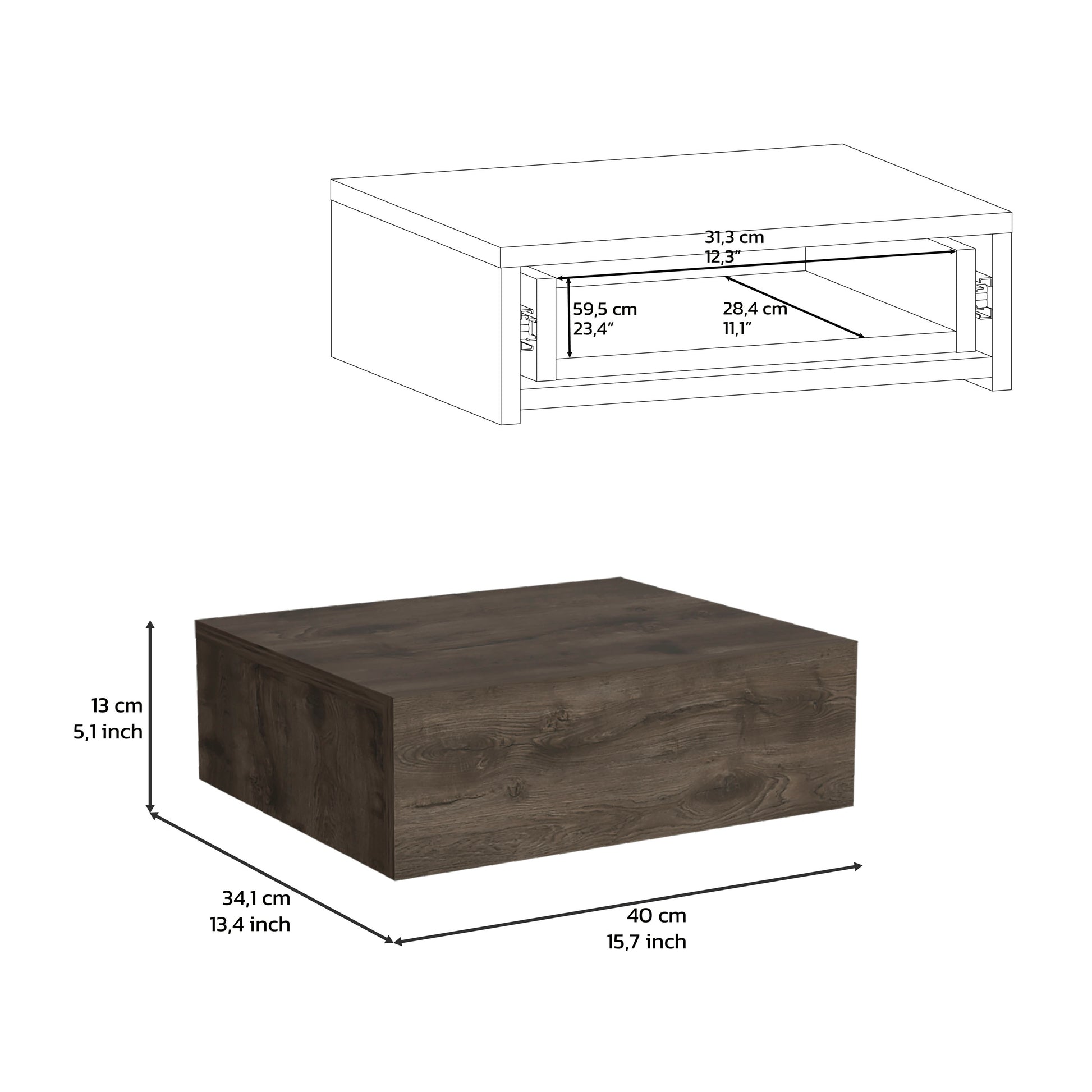 Dark Brown Pine Wall Mounted Nightstand with Drawer for Bedroom