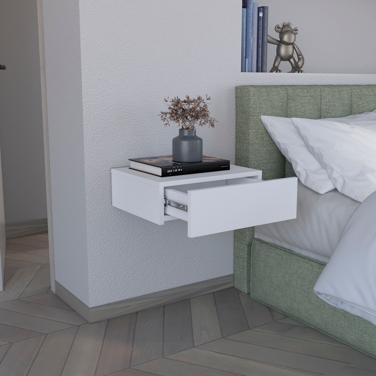 White Pine Wall Mounted Nightstand with Drawer for Bedroom
