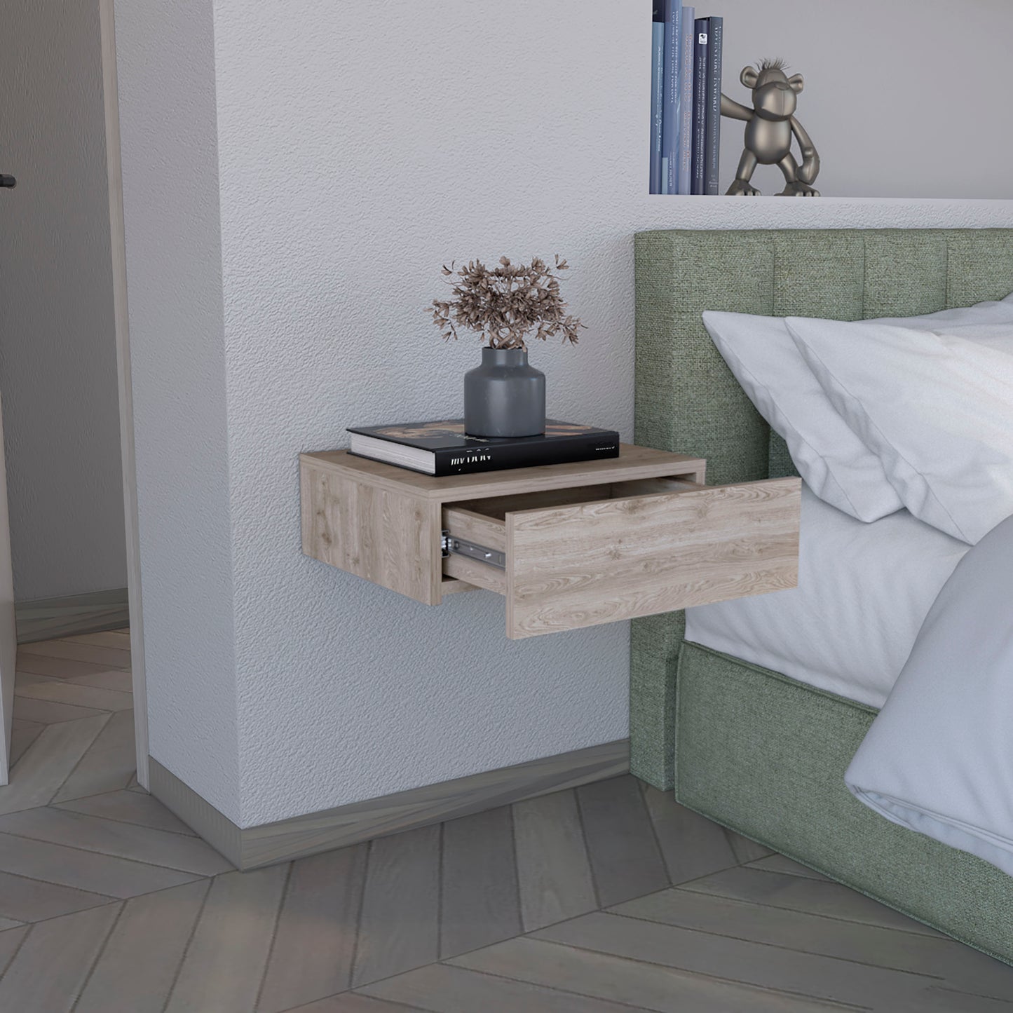 Light Gray Floating Nightstand - Wall Mounted Bedside Shelf with Drawer for Bedroom