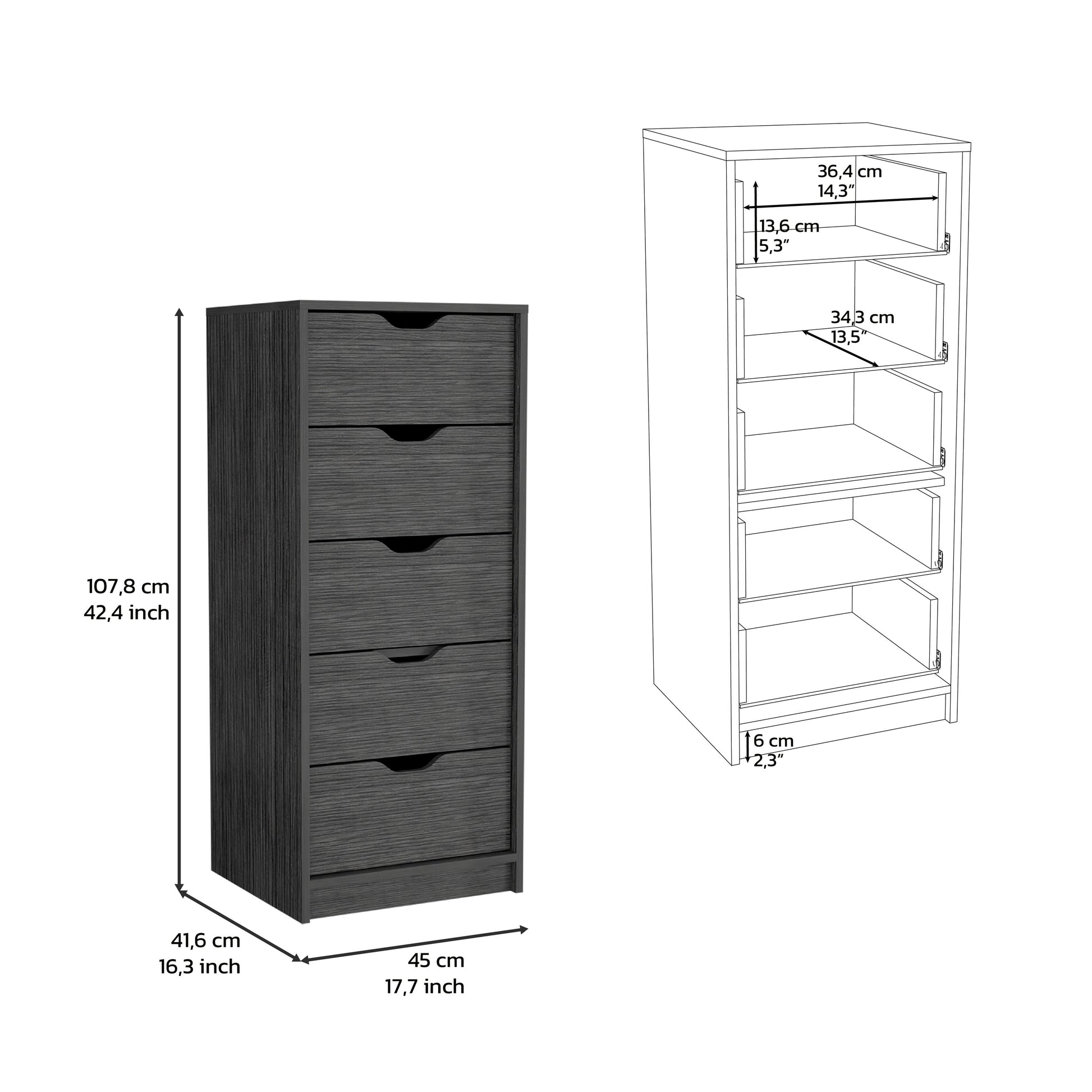 Narrow 42" Dresser - 5 Drawers, Oak Finish for Bedroom