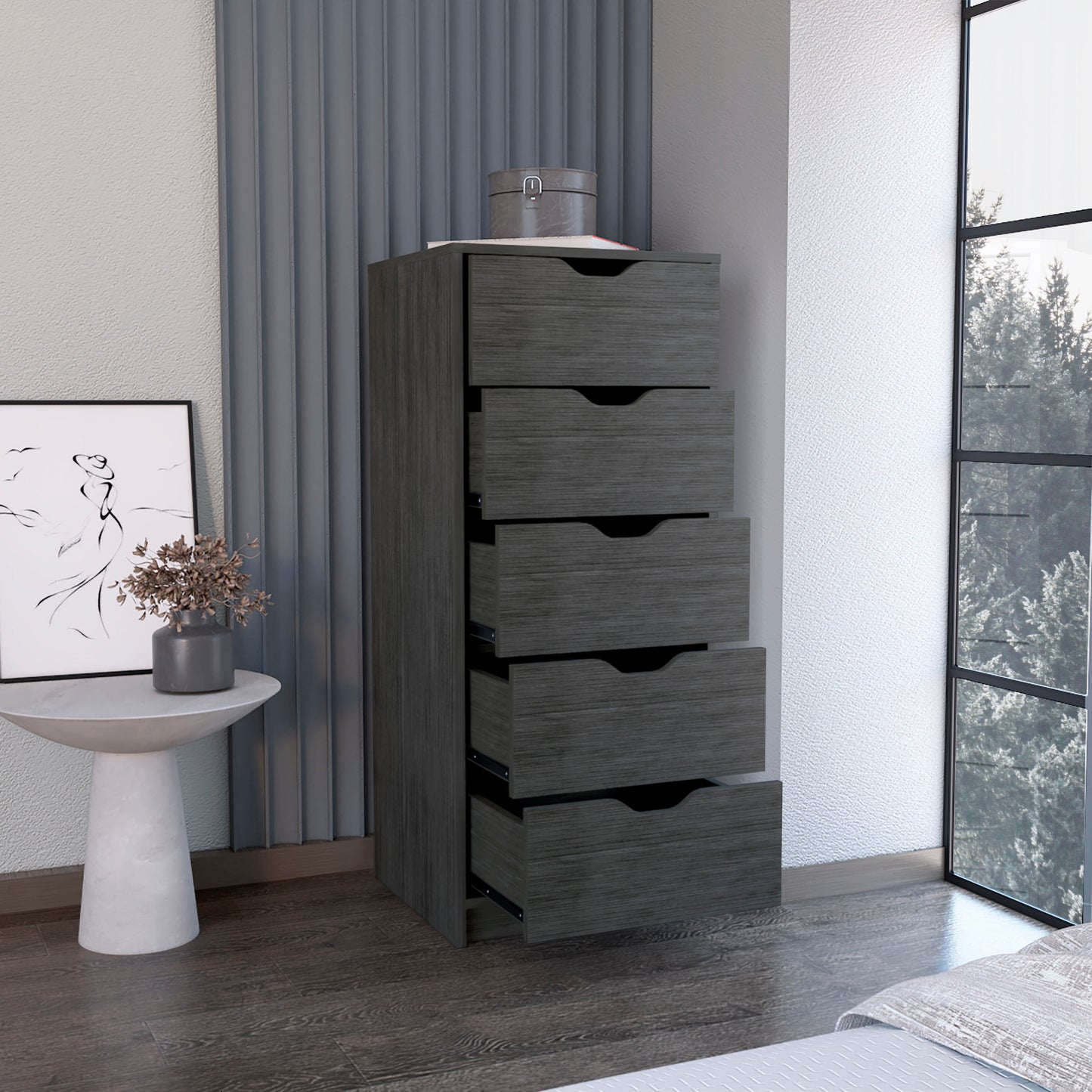 Dresser 42H" 5 Drawers Narrow Dresser, Slim Storage Chest of Drawers, Bedroom, Smokey Oak
