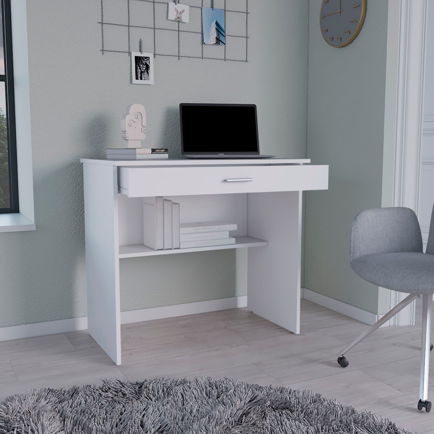 Montana Storage Desk - White, Spacious Workstation with Drawer & Shelf