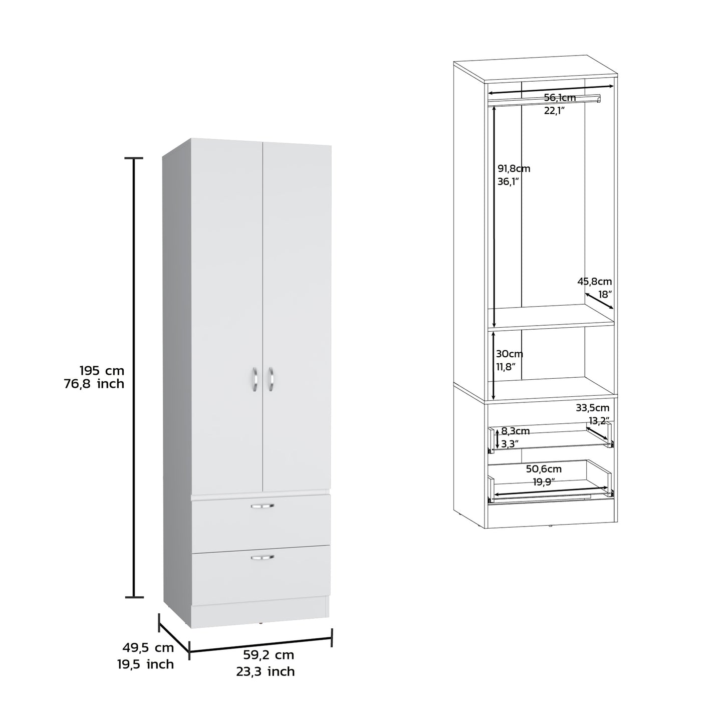 White Engineered Wood Wardrobe with 2 Drawers and Shelf Storage for Bedroom