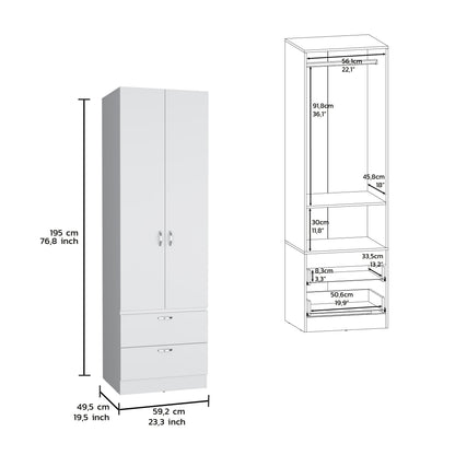 White Engineered Wood Wardrobe with 2 Drawers and Shelf Storage for Bedroom