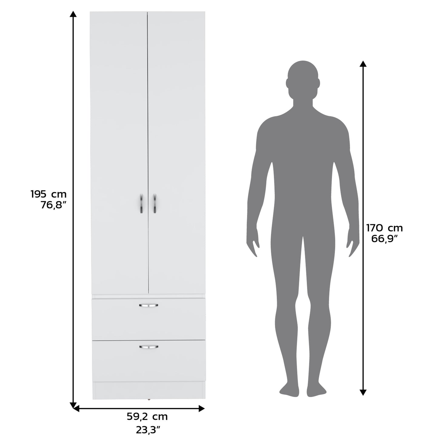 White Engineered Wood Wardrobe with 2 Drawers and Shelf Storage for Bedroom