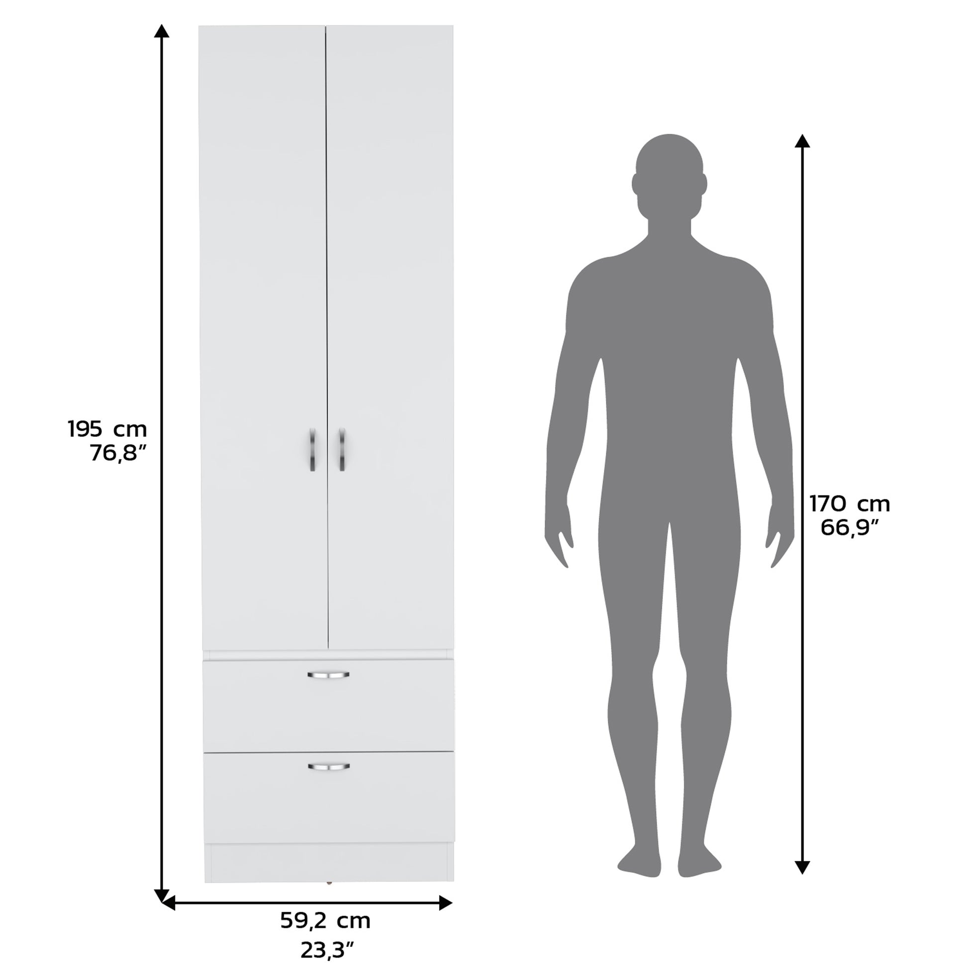 White Engineered Wood Wardrobe with 2 Drawers and Shelf Storage for Bedroom