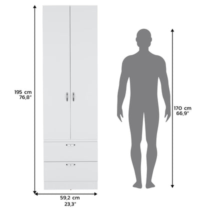 White Engineered Wood Wardrobe with 2 Drawers and Shelf Storage for Bedroom