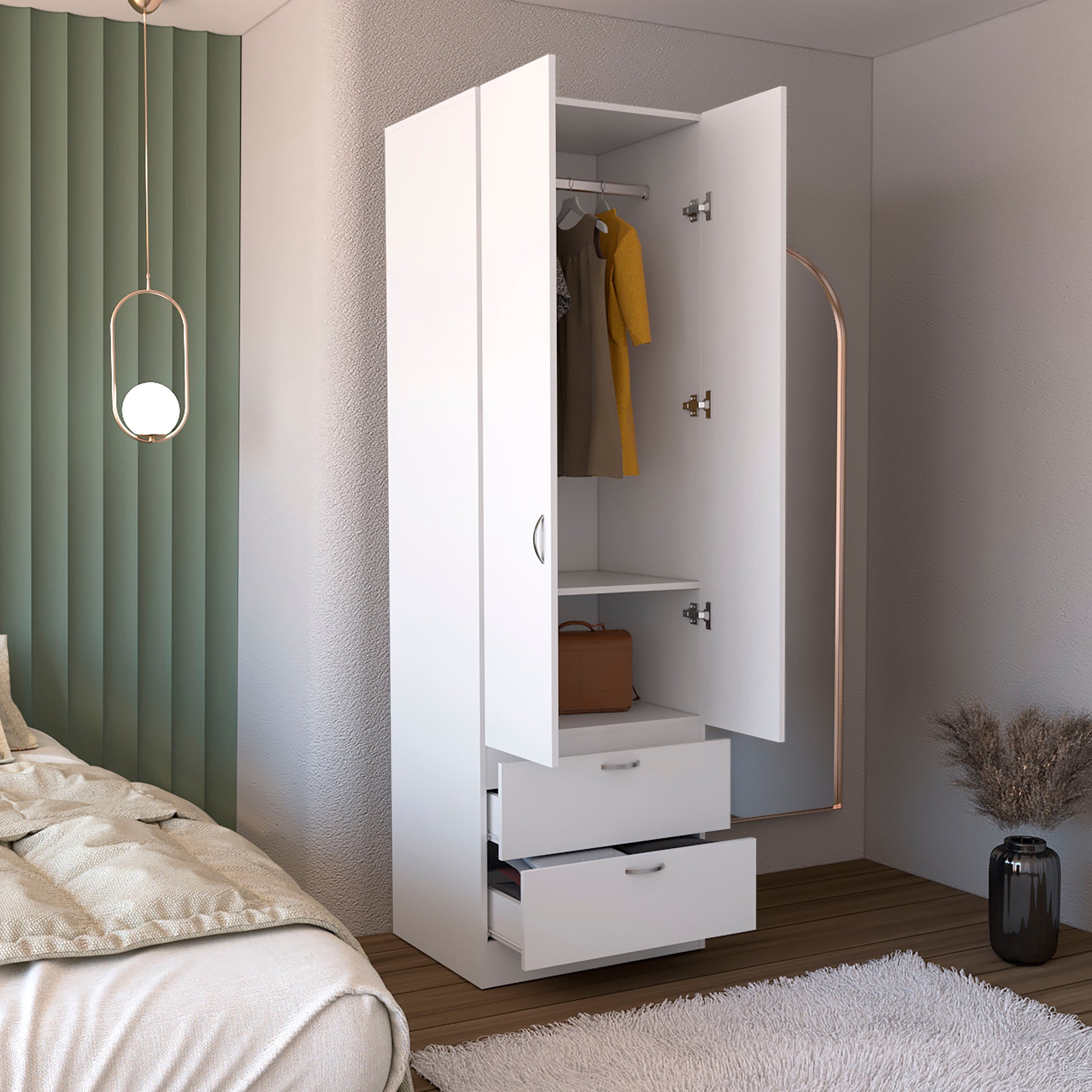 White Engineered Wood Wardrobe with 2 Drawers and Shelf Storage for Bedroom