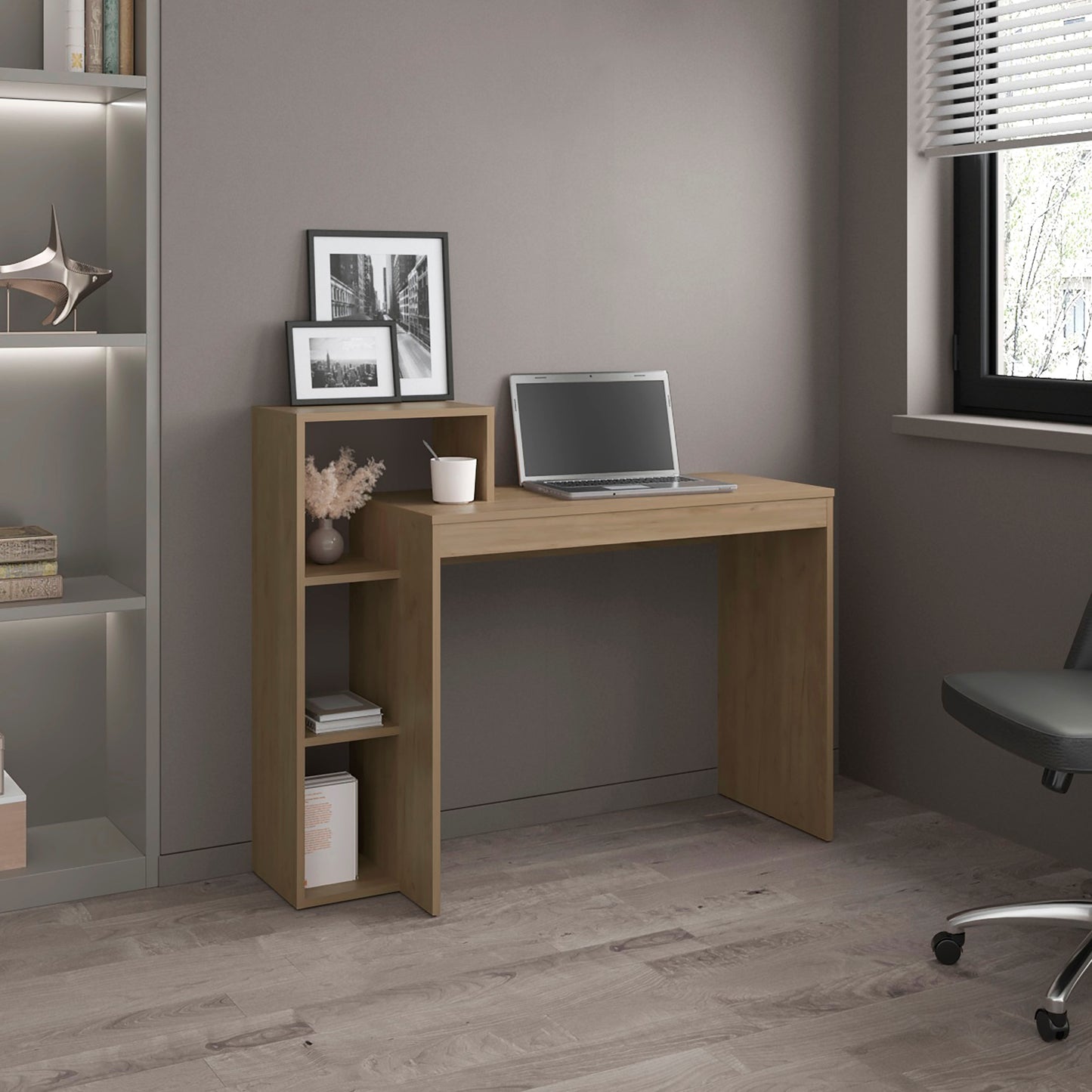 Computer Desk, 3 Shelves, Light Pine