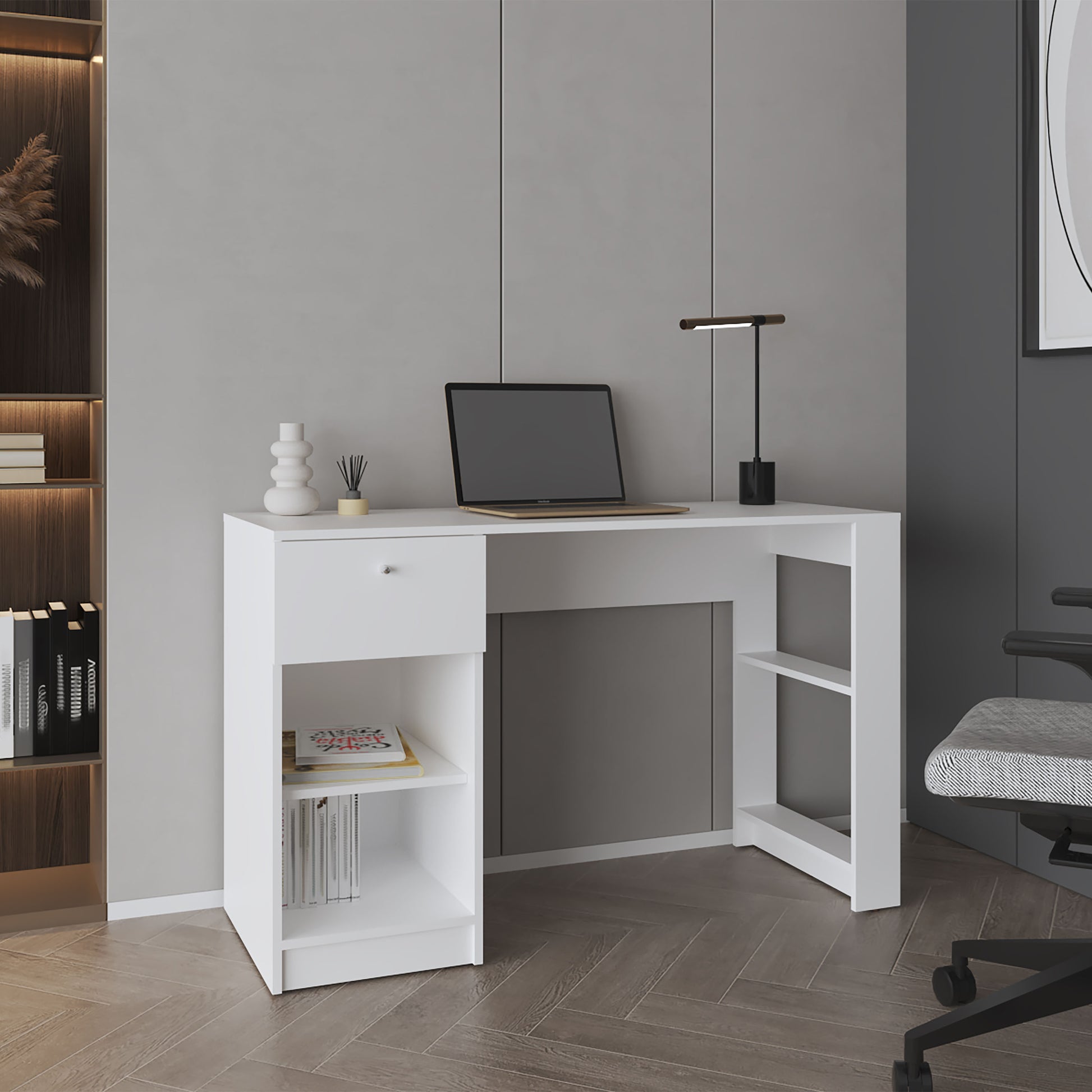 Computer Desk, 1 Drawer, 2 Shelves, White