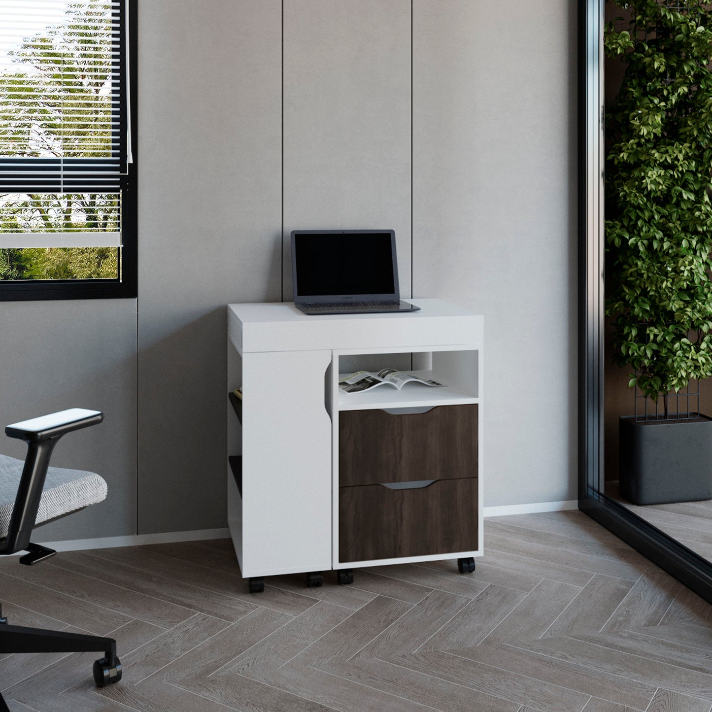 Extendable Desk, 2 Drawers, 4 Shelves, 4 Wheels