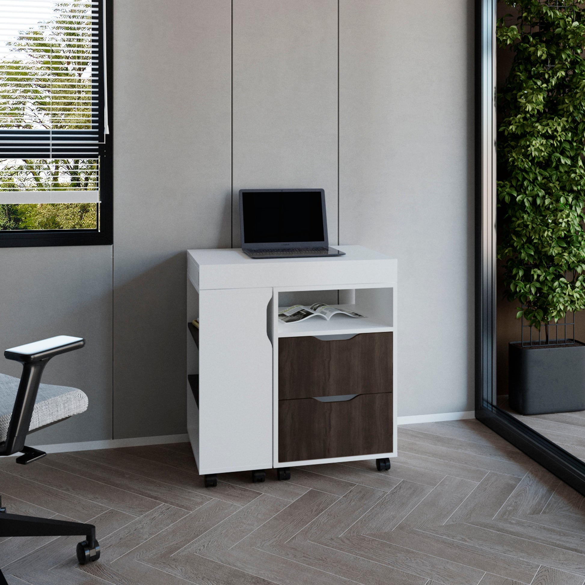 Extendable Desk, 2 Drawers, 4 Shelves, 4 Wheels