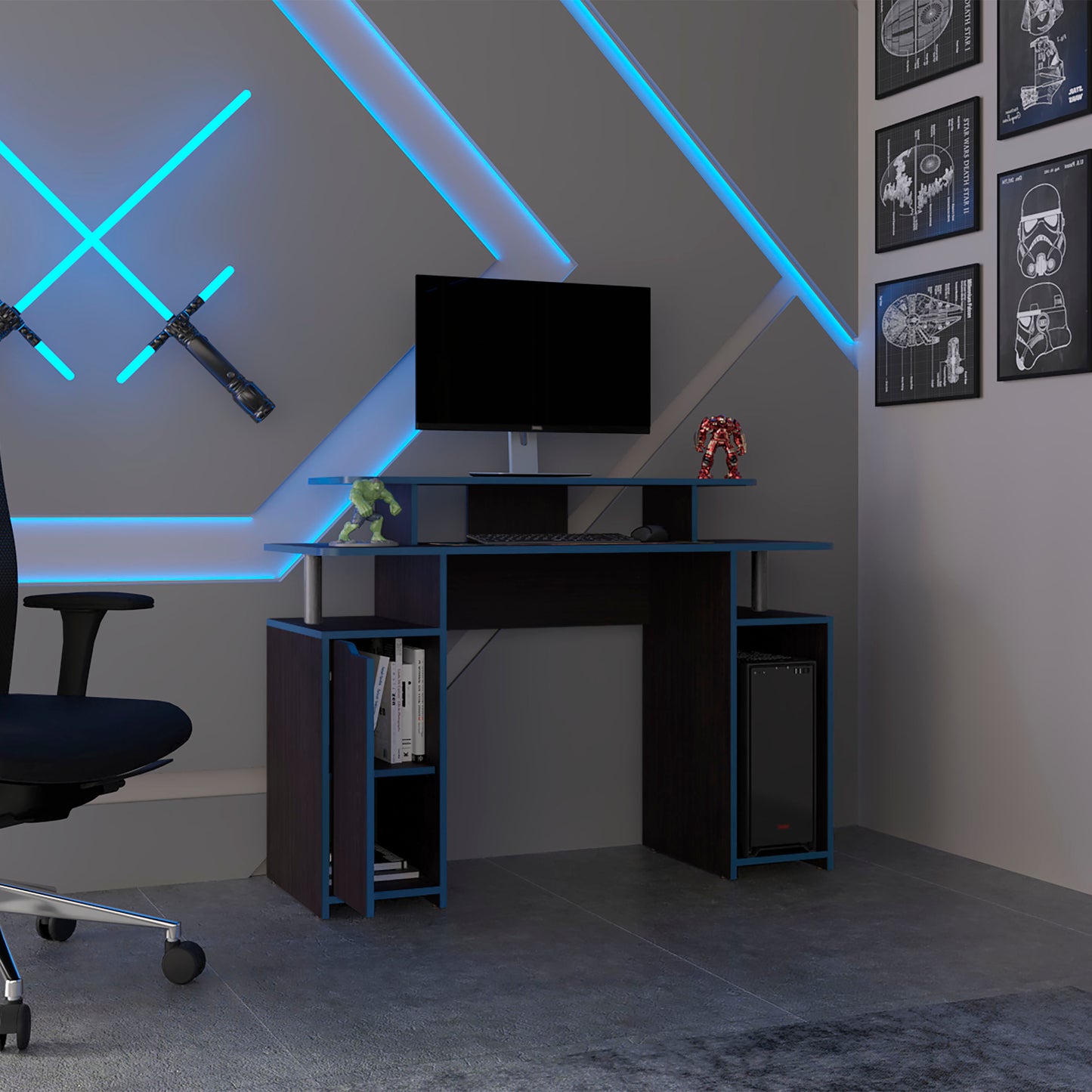 Black Gaming Desk with Storage - 17.3" x 47.2" for Home Office