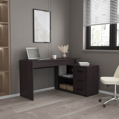 Desk, Black Wengue, 3 Drawers, 4 Legs, 2 Shelves