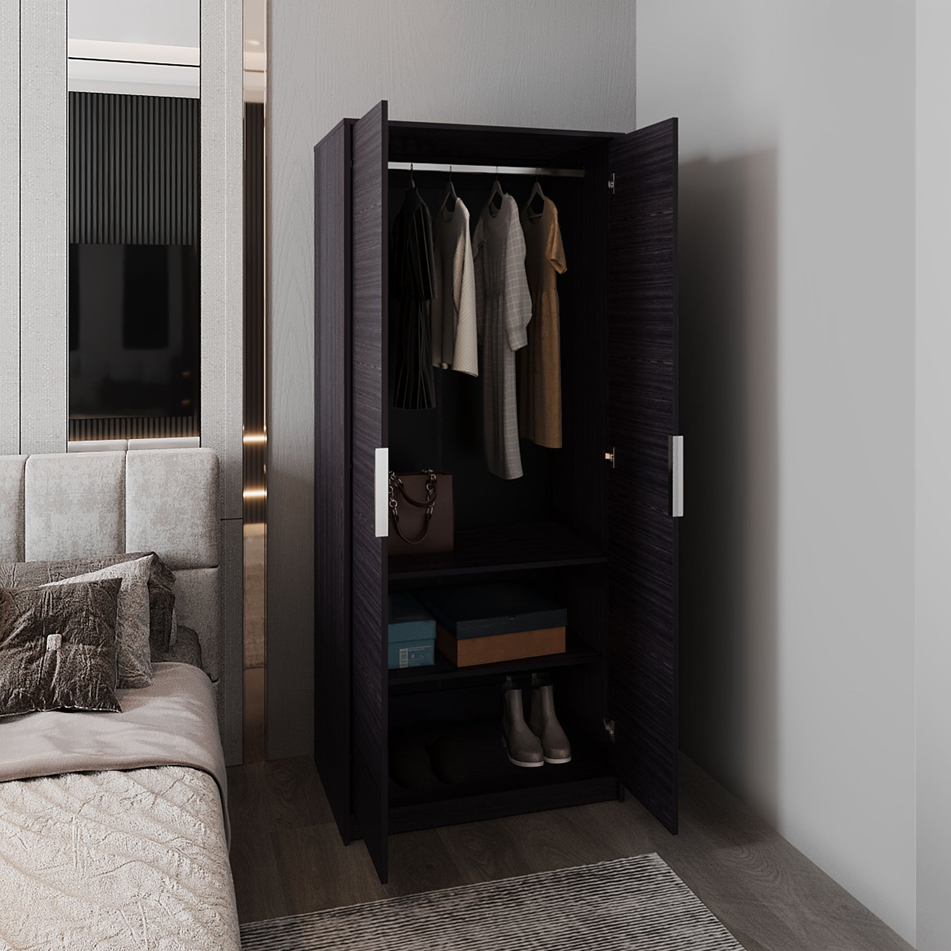Black Engineered Wood Dresser - 2 Door Armoire 74.4" Tall