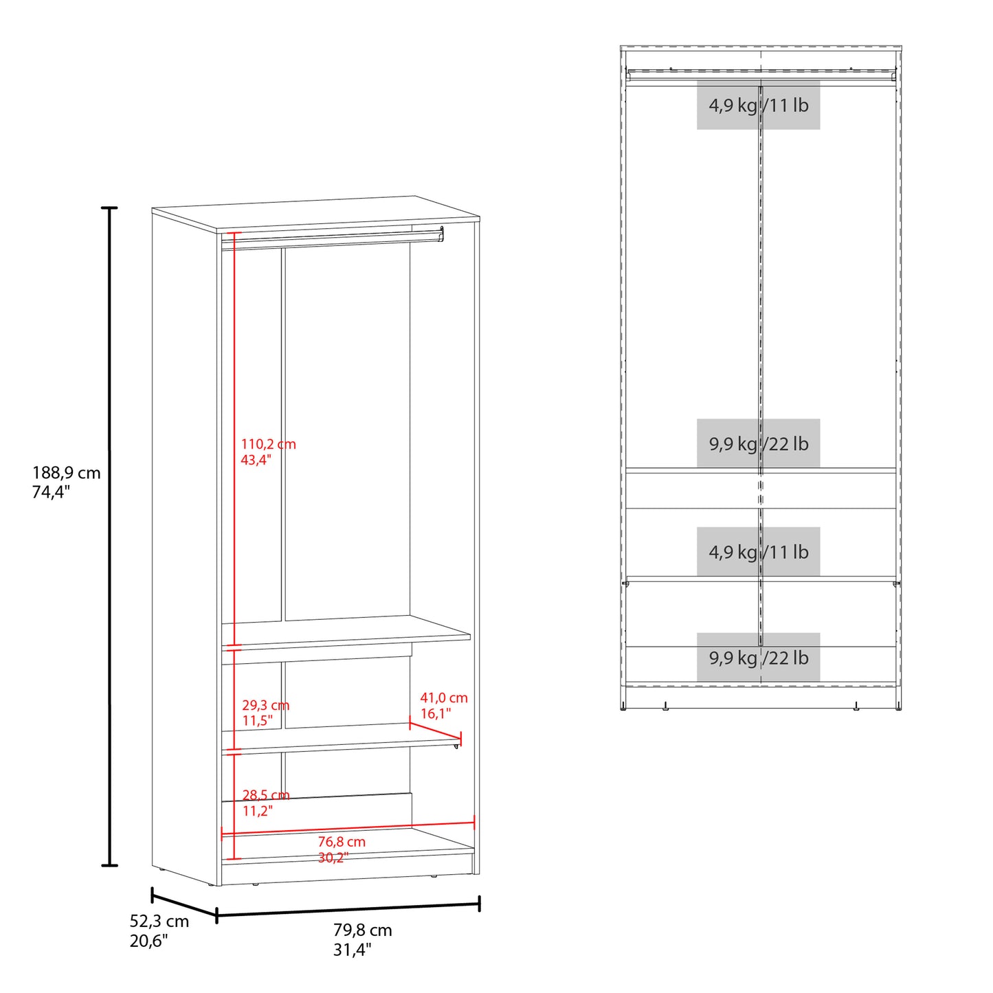 Black Engineered Wood Dresser - 2 Door Armoire 74.4" Tall