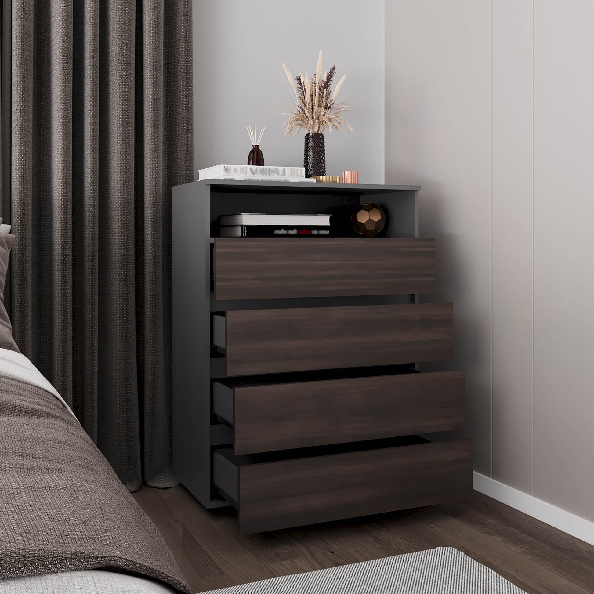 Multi-Colored 4 Drawer Dresser with Shelf - Matt Gray Dark Oak