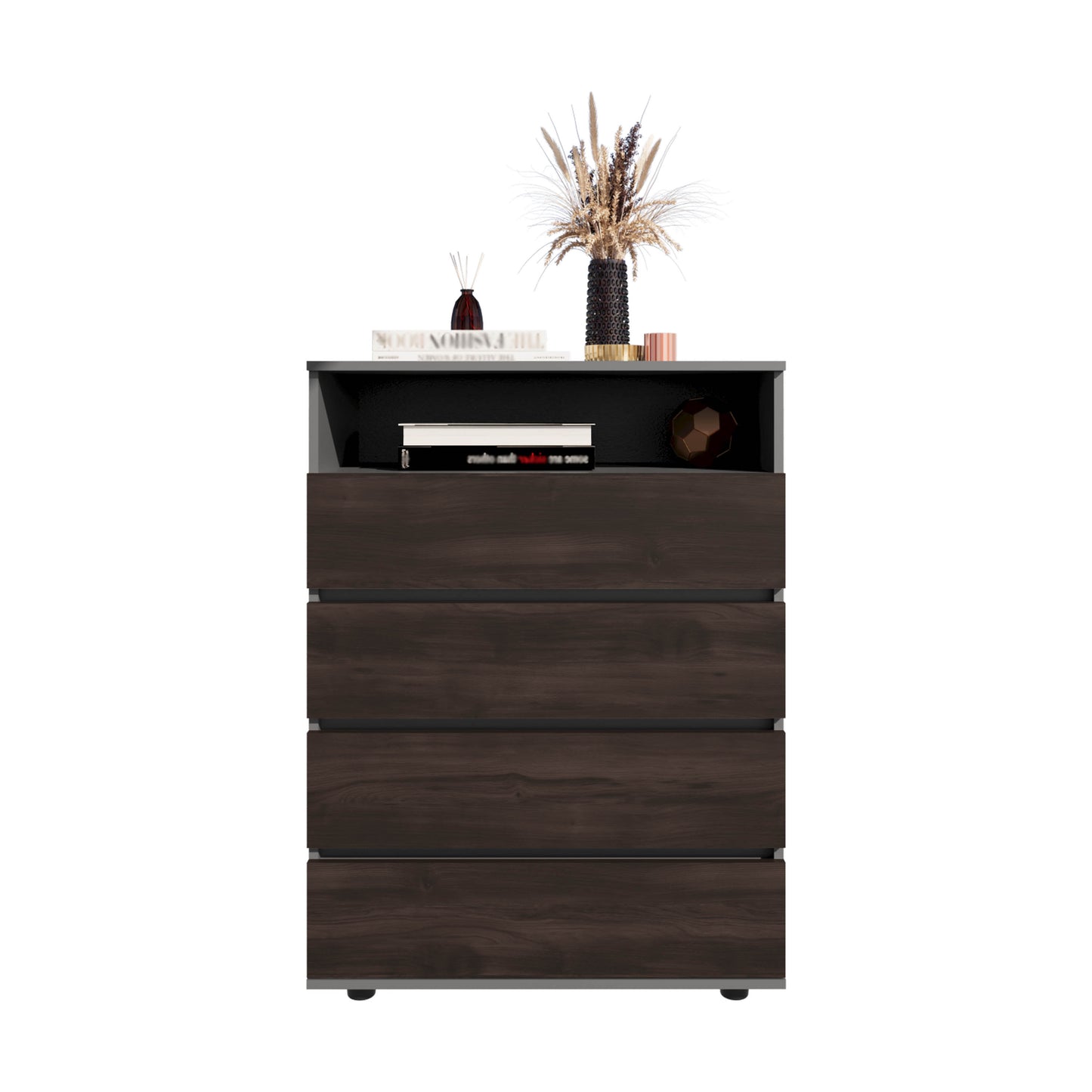 Multi-Colored 4 Drawer Dresser with Shelf - Matt Gray Dark Oak