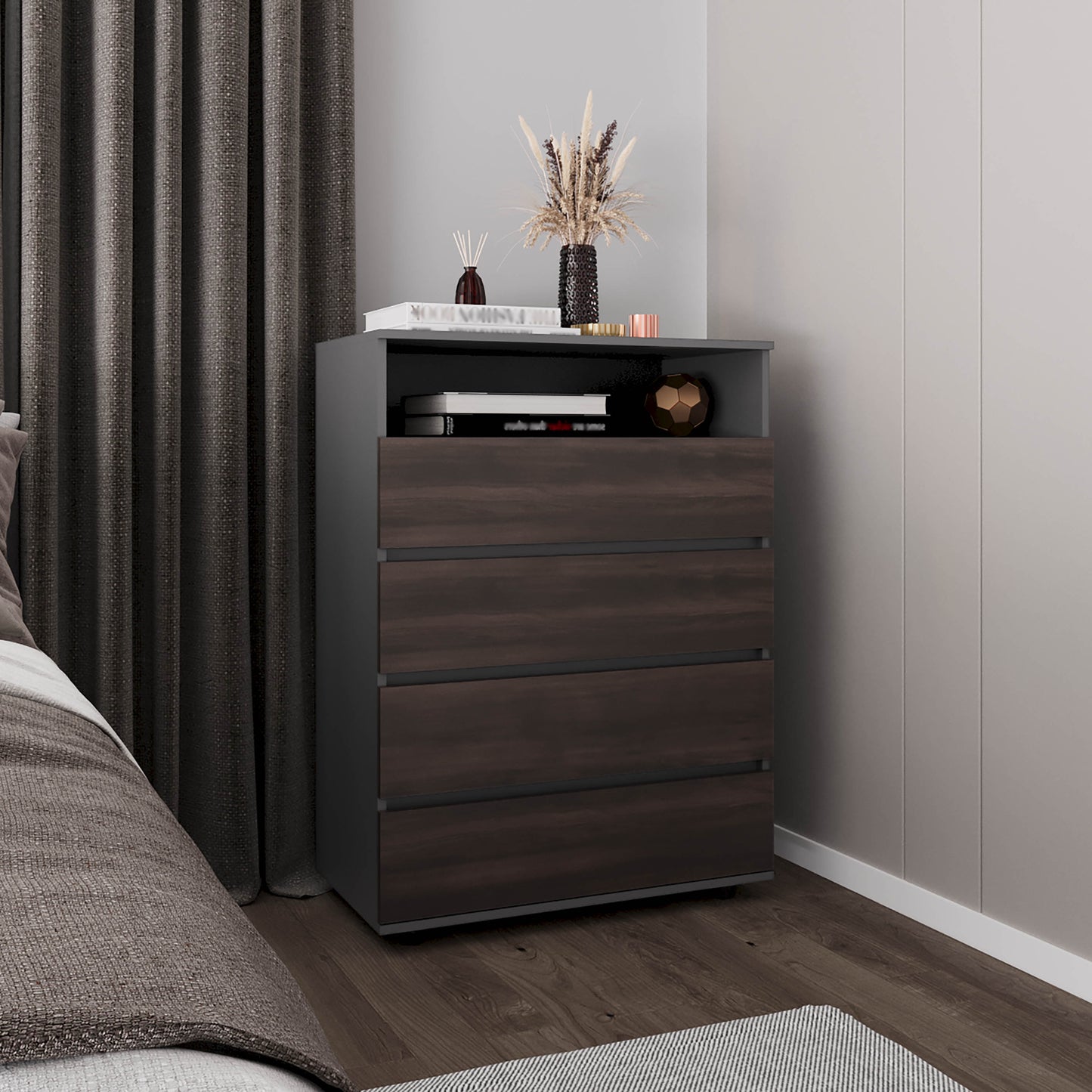 Dresser, 4 Drawers, 1 Shelf, Matt Gray / Dark Oak