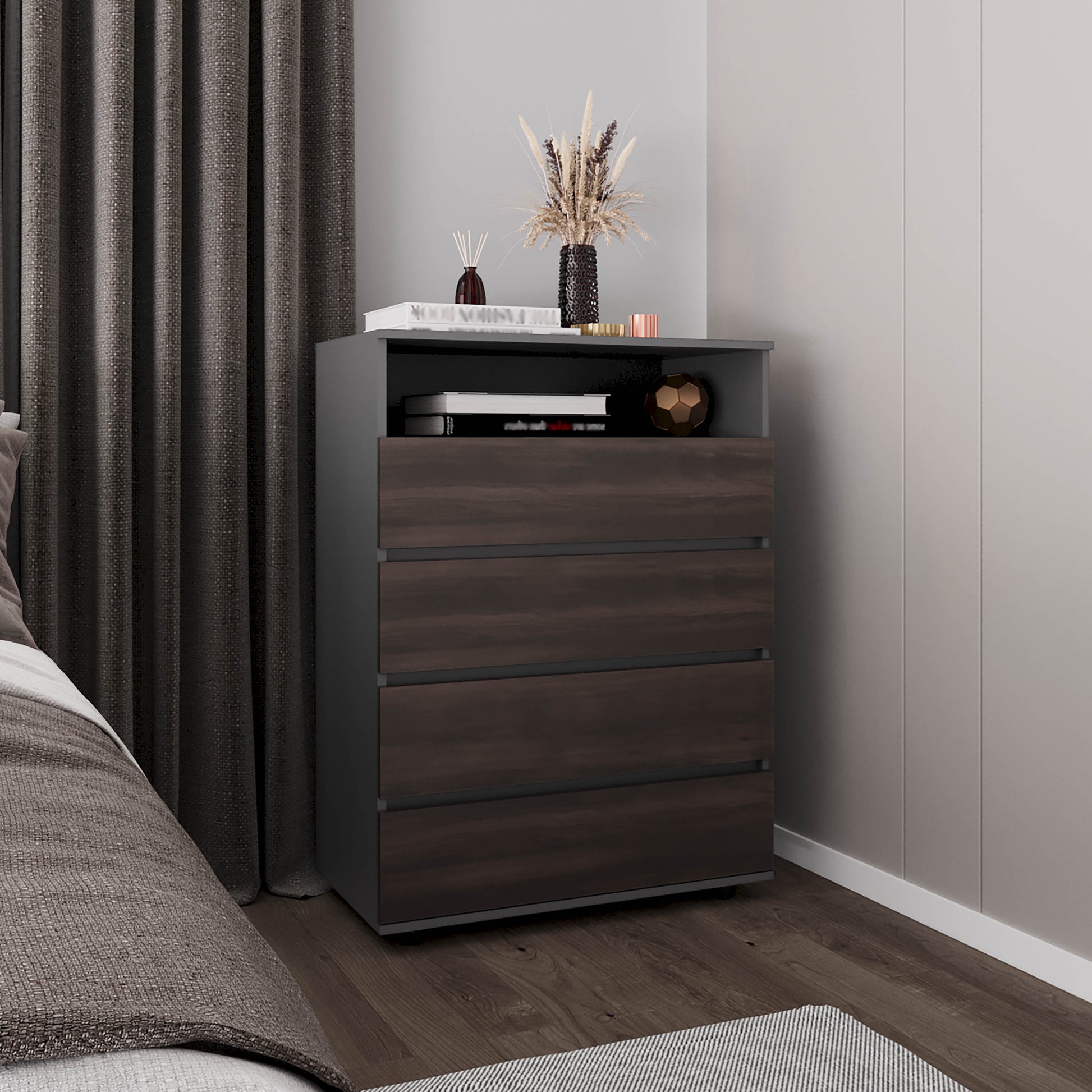 Dresser, 4 Drawers, 1 Shelf, Matt Gray / Dark Oak