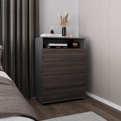 Dresser, 4 Drawers, 1 Shelf, Matt Gray / Dark Oak