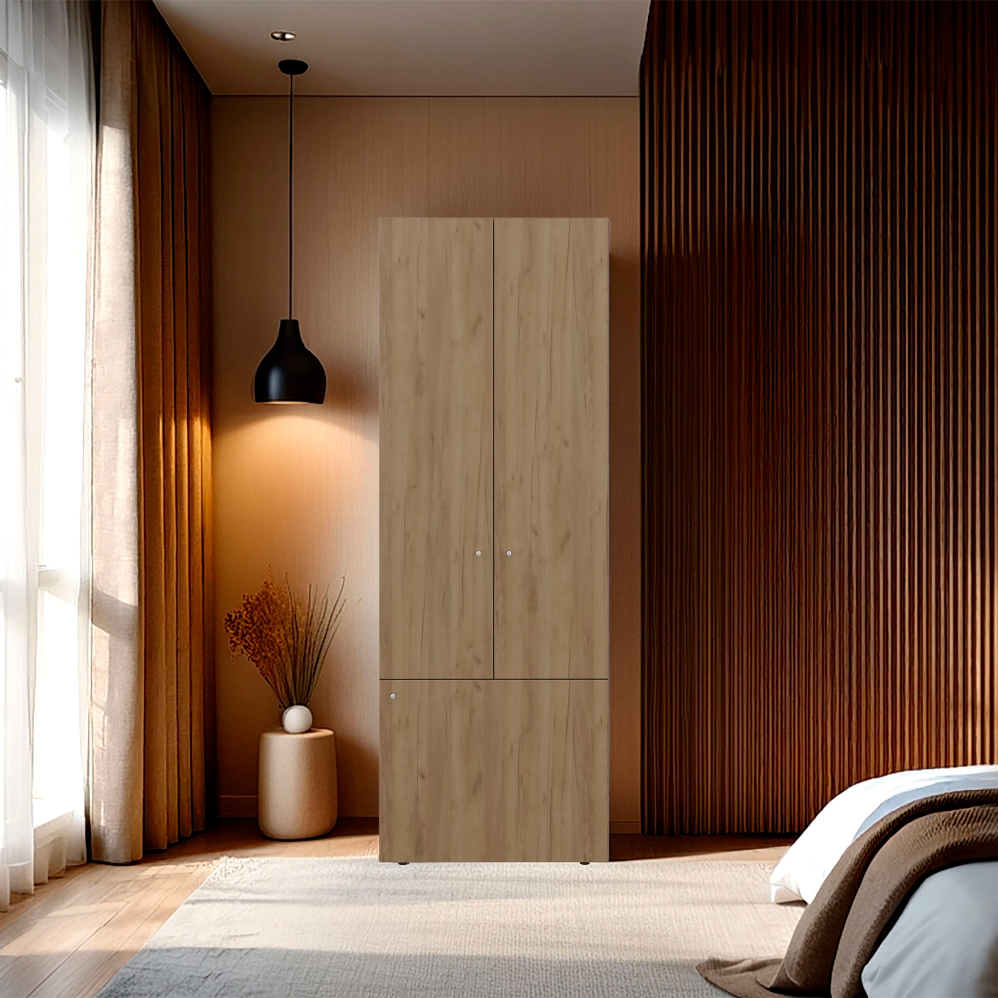 Armoir 66.9" H, 3 Doors, 3 Shelves, Natural Oak / White - Bedroom