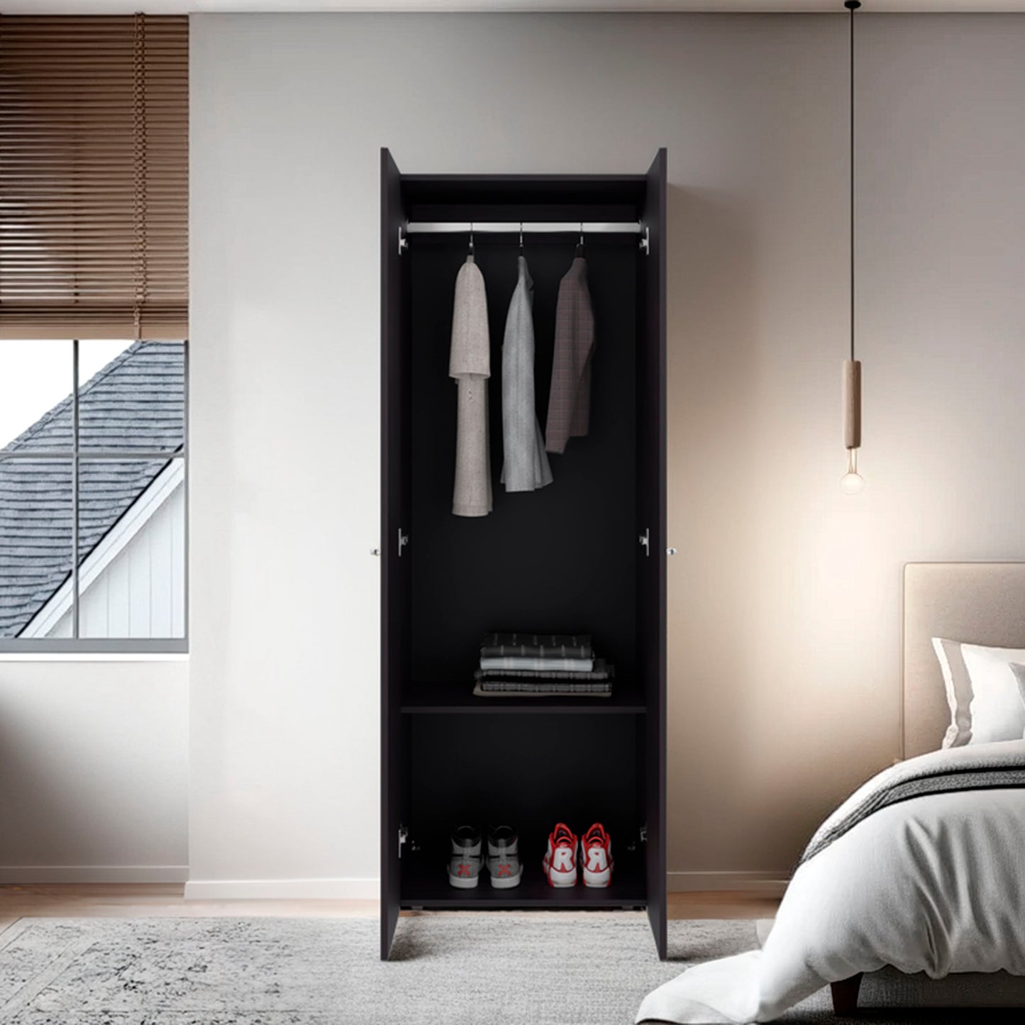 Black Bedroom Armoire - 66.9" Tall, 2 Doors & Shelves