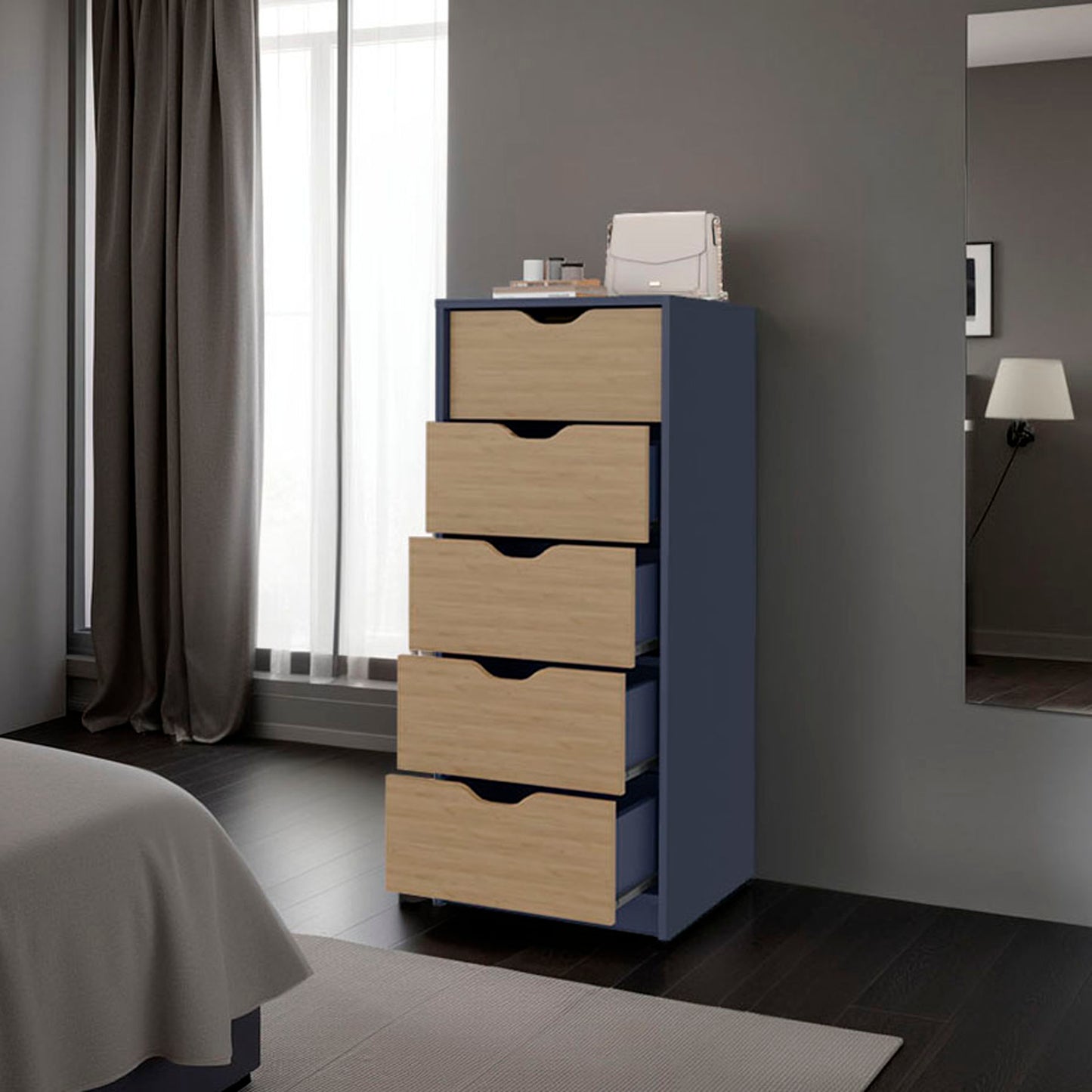 Blue Engineered Wood Dresser - 42.4" Tall 5 Drawers for Bedroom