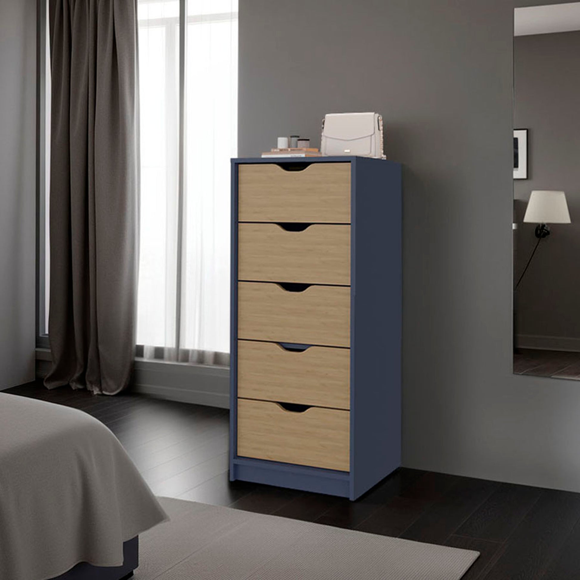Dresser 42.4" H, 1 Drawer, 5 Shelves, Alby Blue / Natural Oak - Bedroom