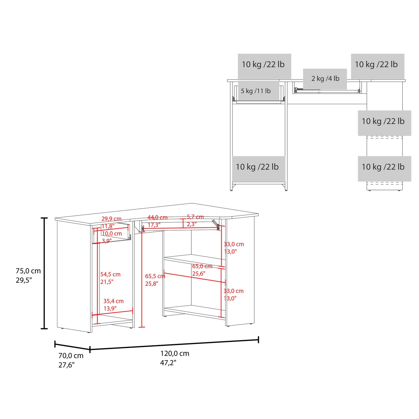 White Corner Desk - 29.5" H, 47.2" W Office Table for Home Office