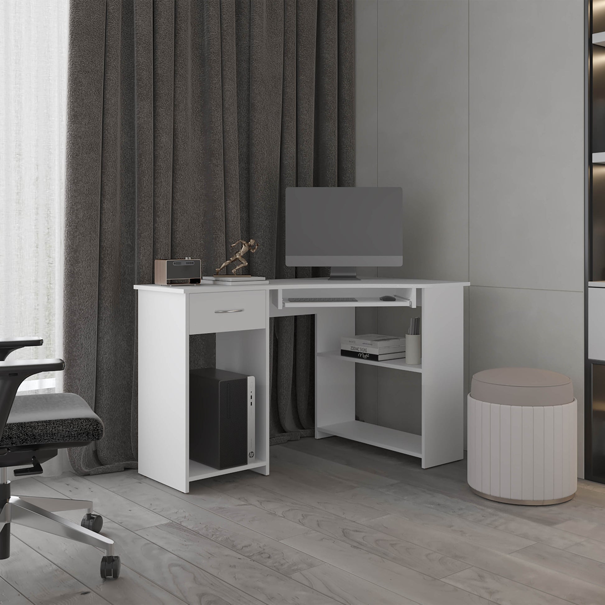 Corner Desk 29.5" H, 2 Drawers, 3 Shelves, White - Office
