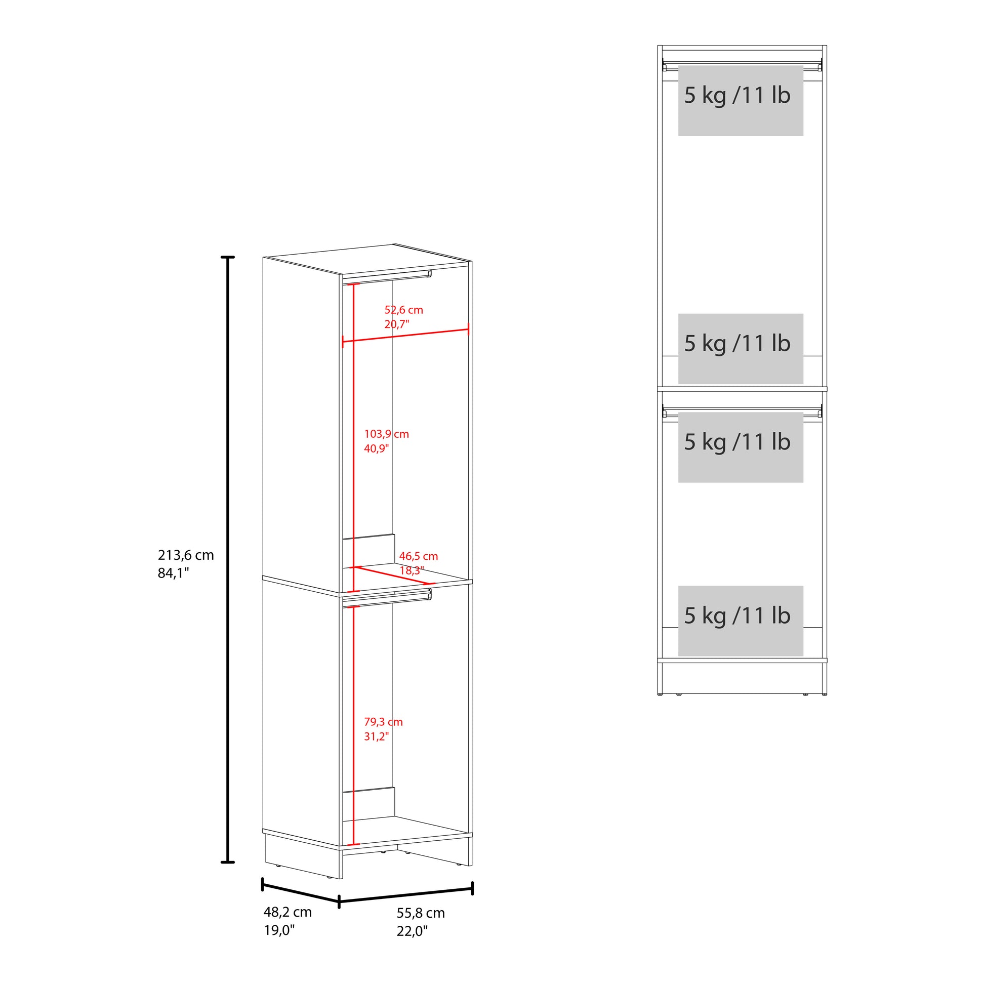White 84" Hanging Dresser with Two Rods