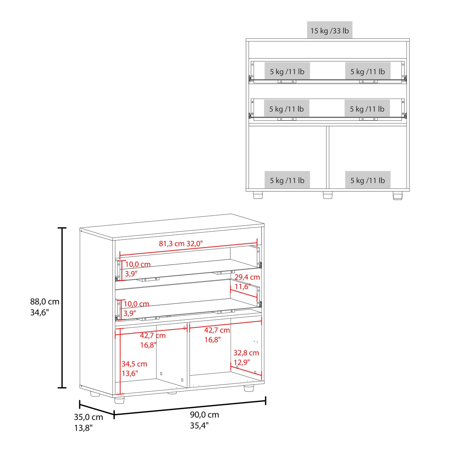 White Natural Wood Dresser - 34.6" Wide Storage