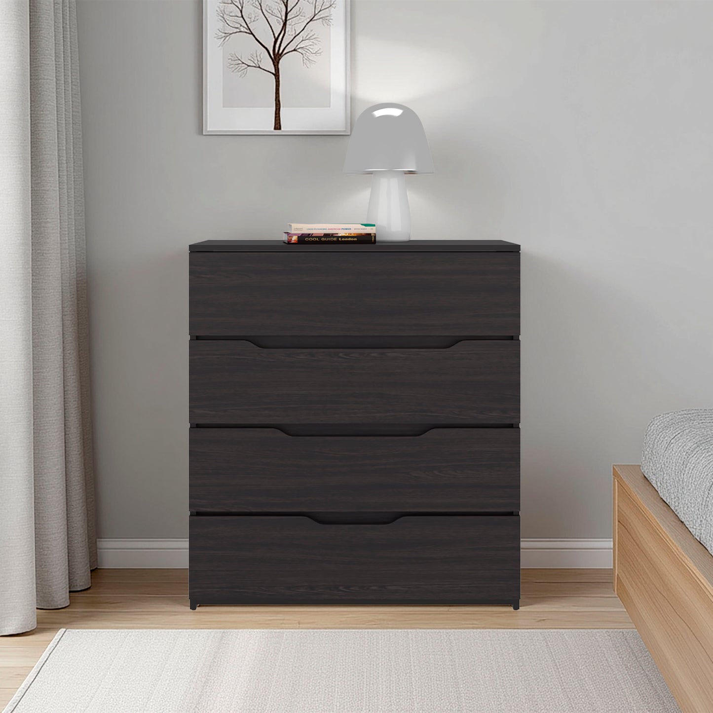 Black Engineered Wood Dresser - 4 Drawers, 35.1" Wide for Bedroom