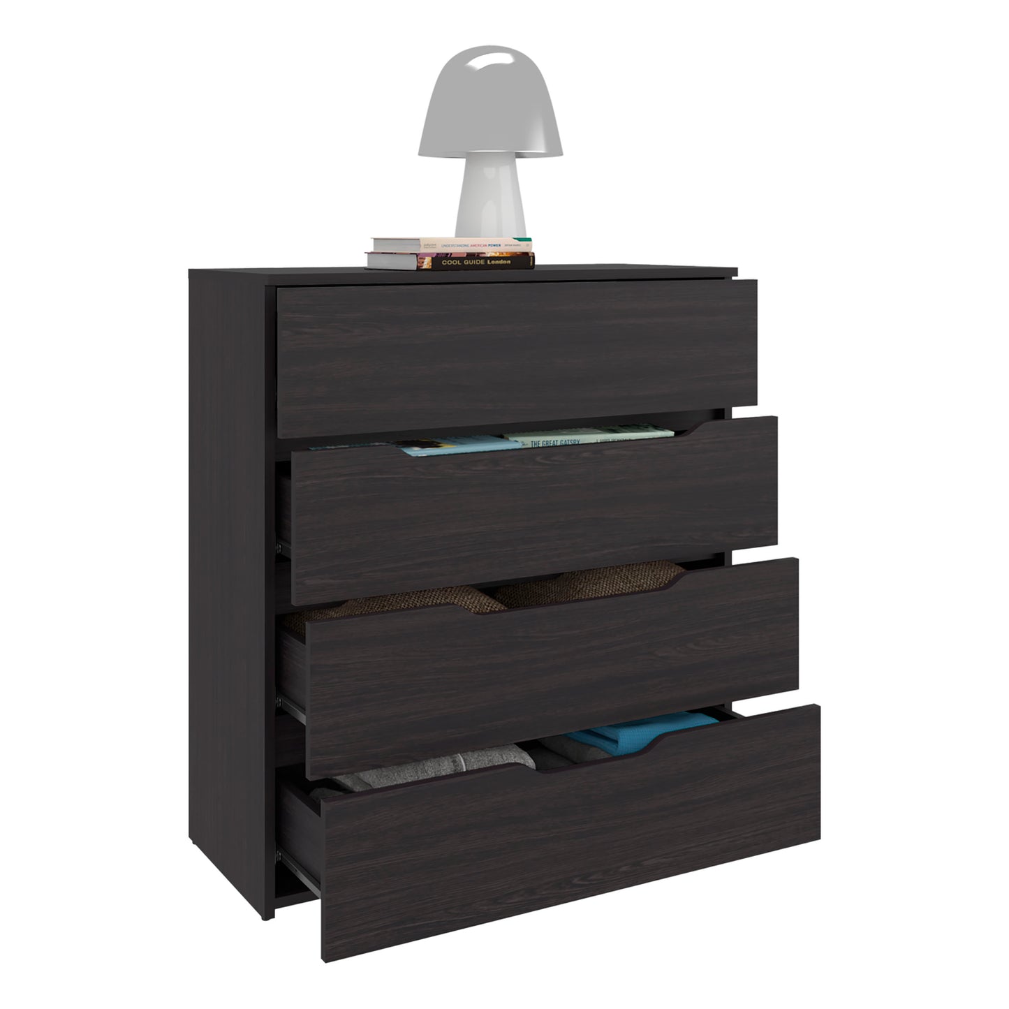 Black Engineered Wood Dresser - 4 Drawers, 35.1" Wide for Bedroom