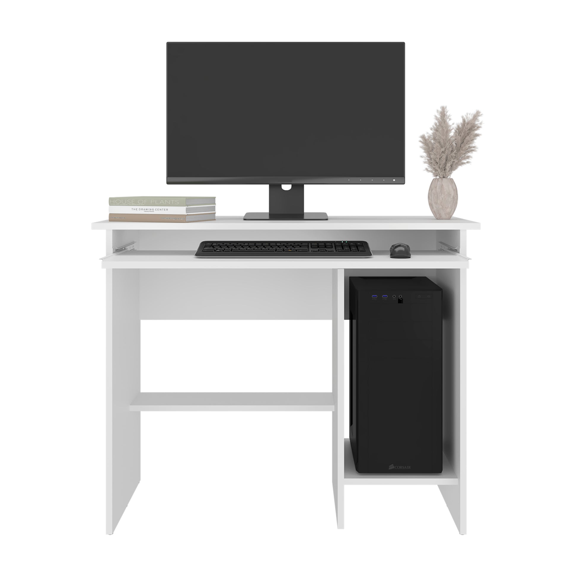 White Computer Desk with Keyboard Tray & Storage for Home Office