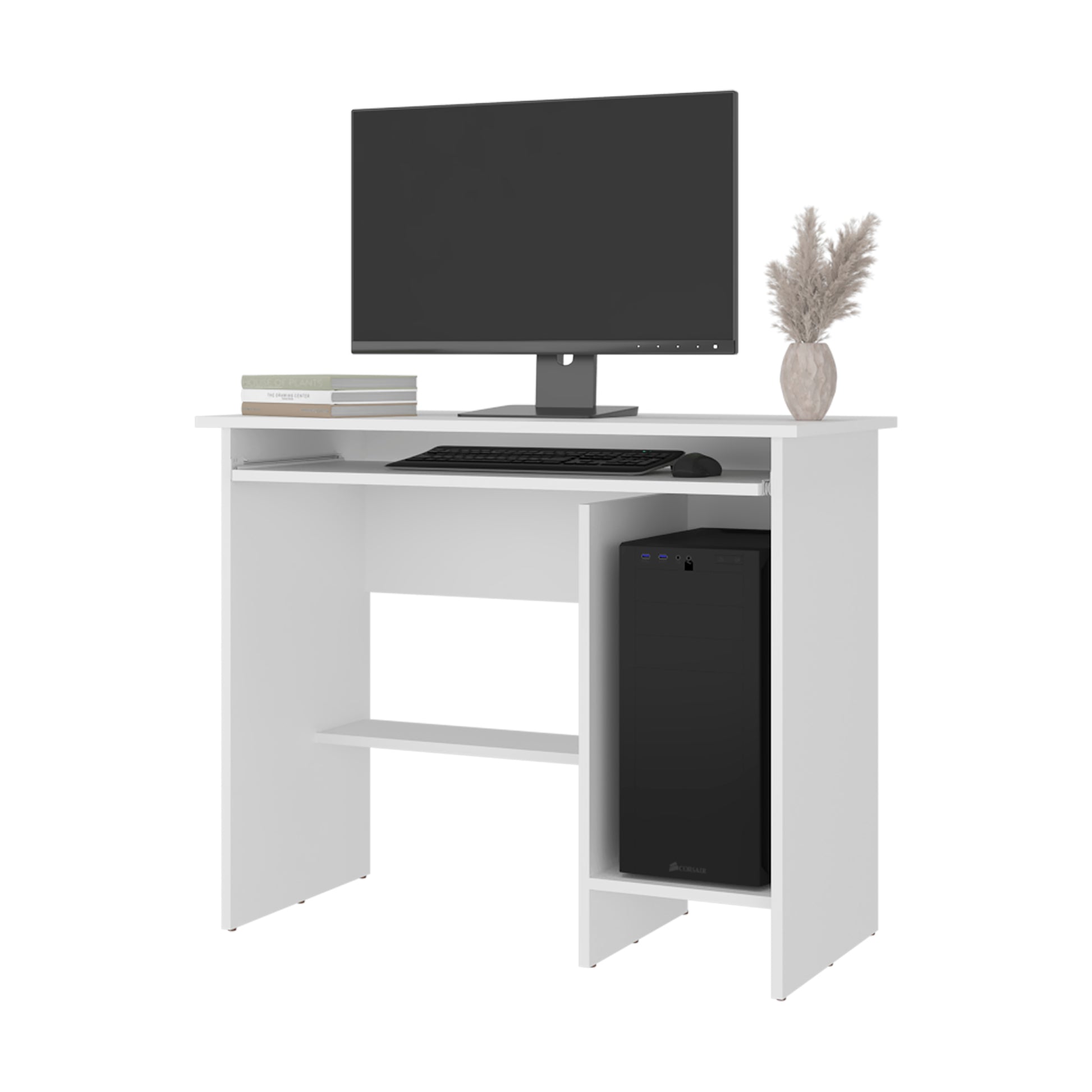 White Computer Desk with Keyboard Tray & Storage for Home Office