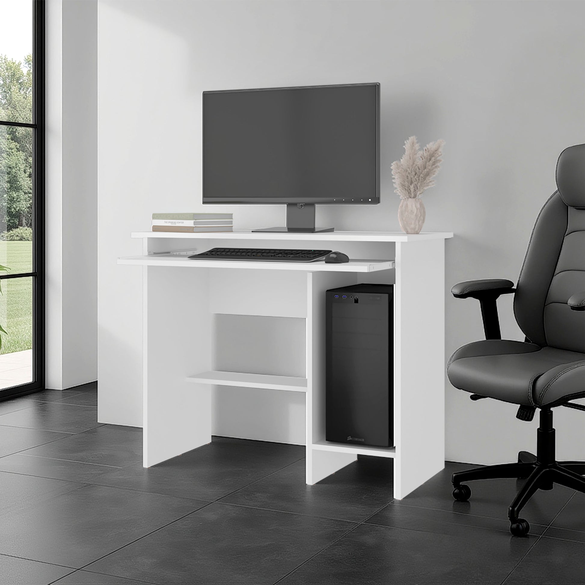 White Computer Desk with Keyboard Tray & Storage for Home Office