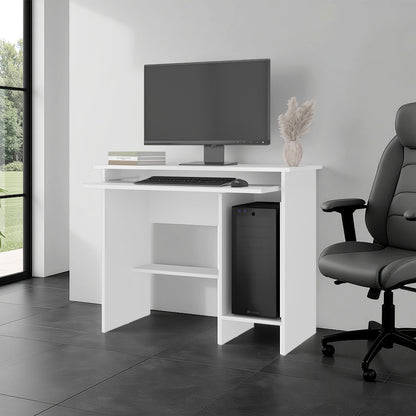 White Computer Desk with Keyboard Tray & Storage for Home Office