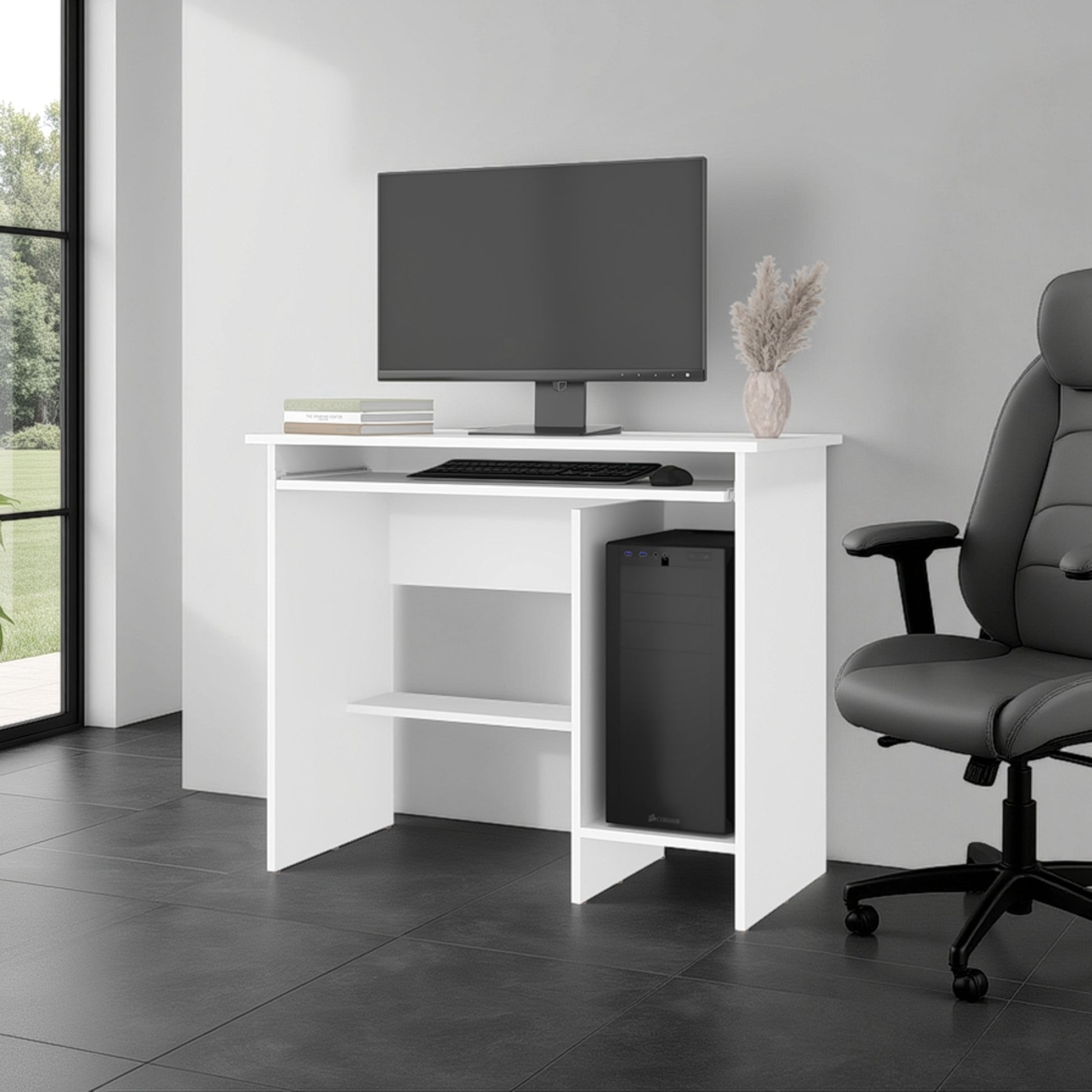 Koyuk Computer Desk with Sliding Keyboard Tray, Lower Storage Shelf and CPU Compartment, White