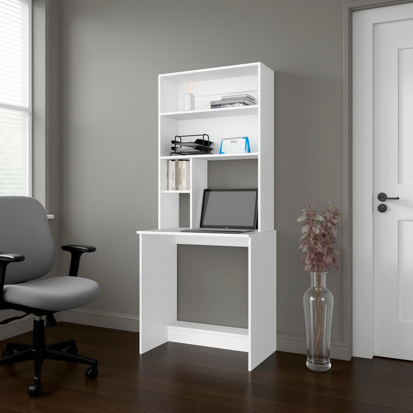Motley Computer Hutch Desk, Lower Shelf, Four Shelves, White