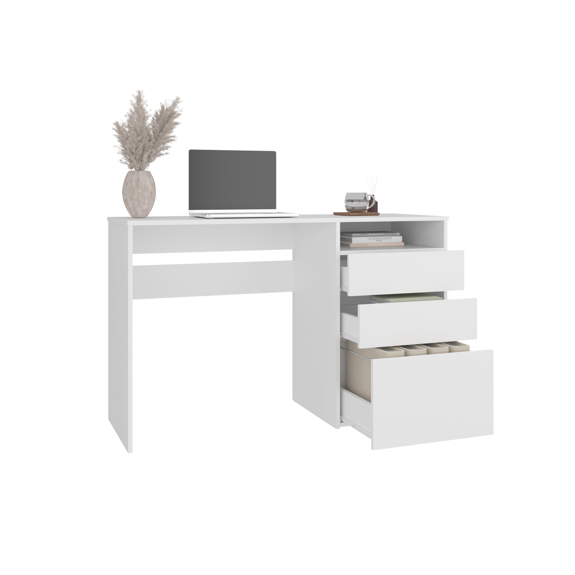 White 3-Drawer Computer Desk with Storage Shelf for Home Office