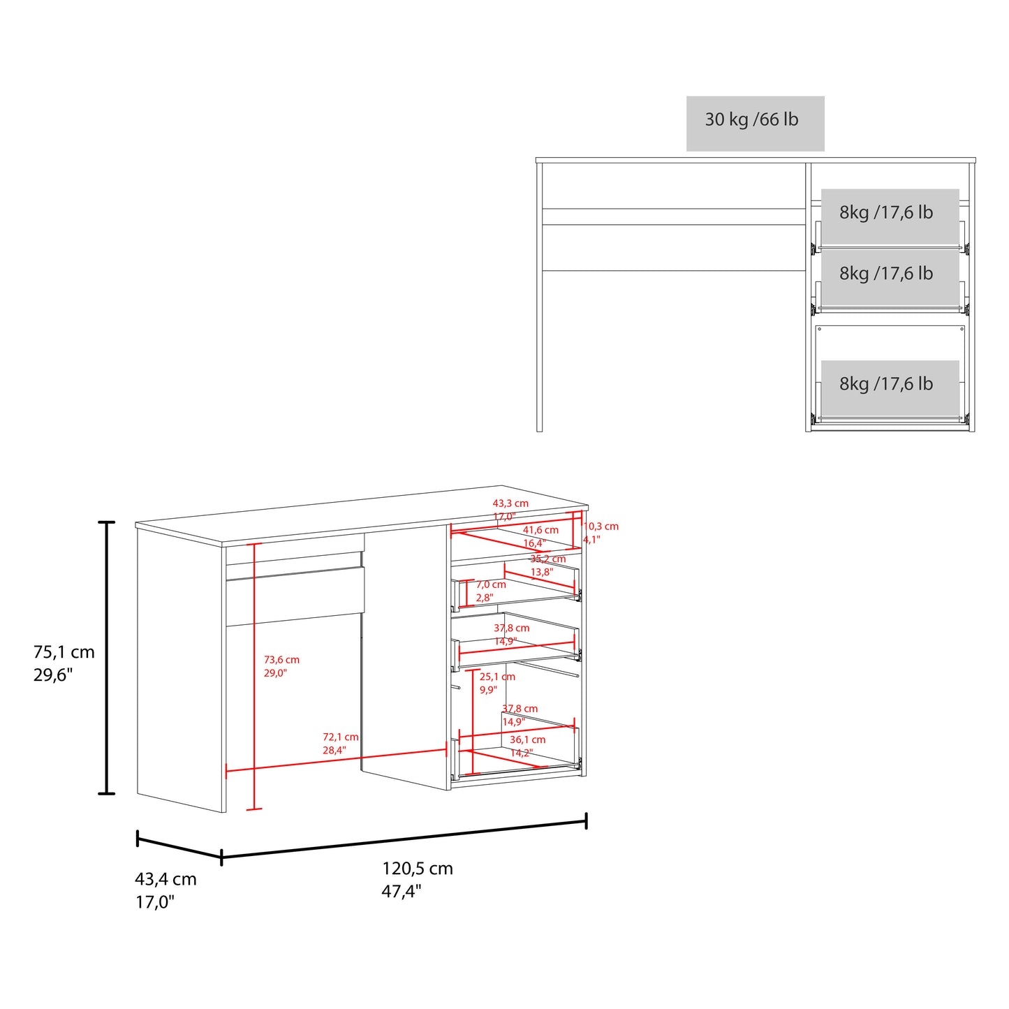 White 3-Drawer Computer Desk with Storage Shelf for Home Office