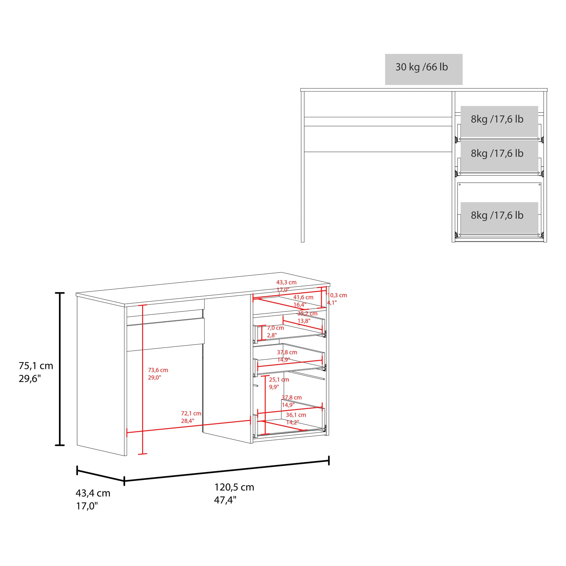 White 3-Drawer Computer Desk with Storage Shelf for Home Office
