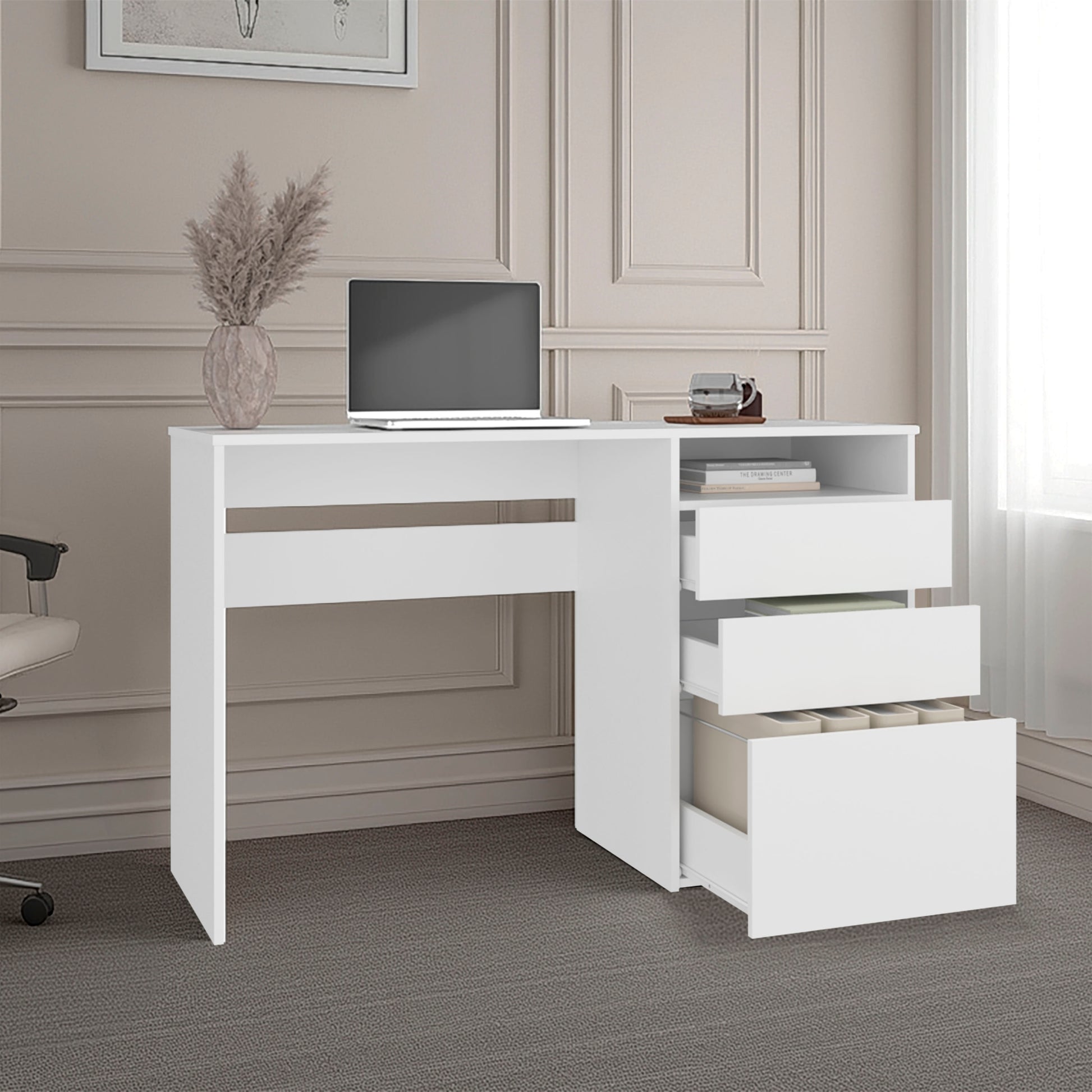 White 3-Drawer Computer Desk with Storage Shelf for Home Office