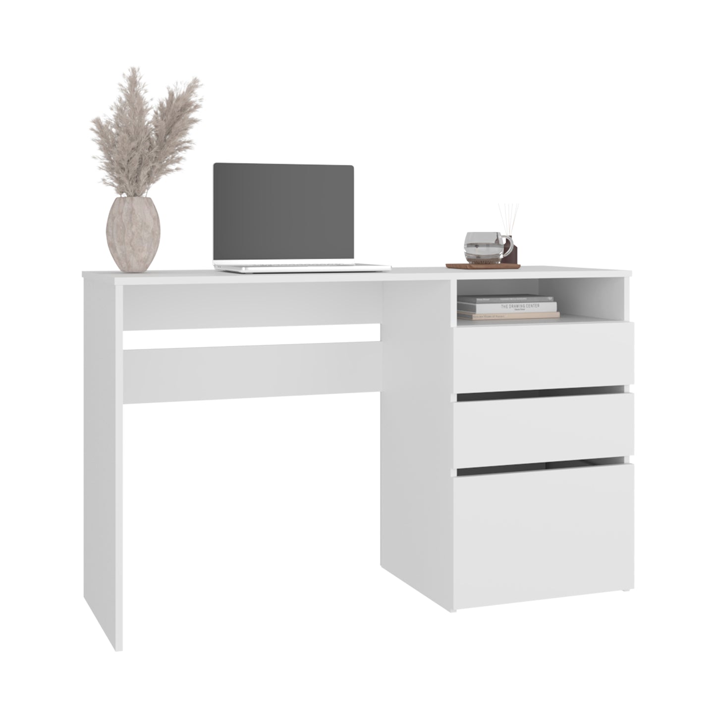 White 3-Drawer Computer Desk with Storage Shelf for Home Office
