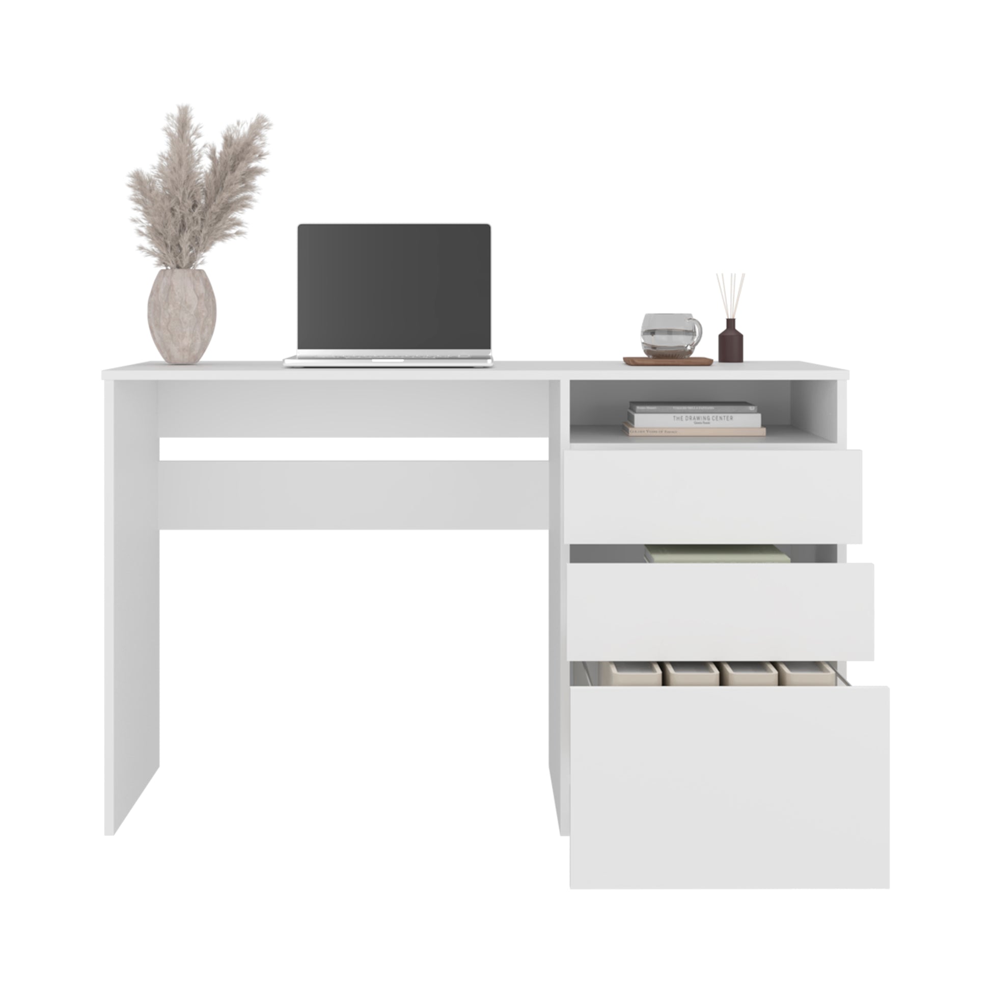 White 3-Drawer Computer Desk with Storage Shelf for Home Office